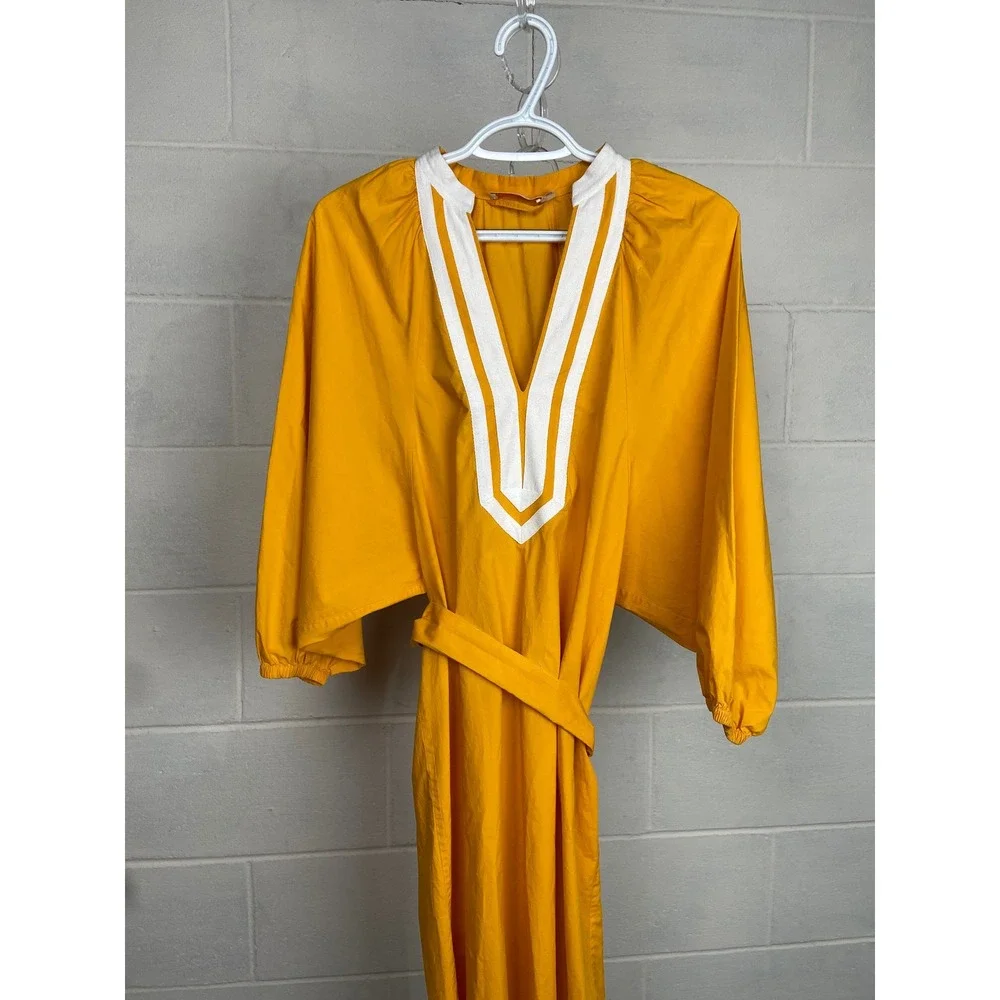 Tory Burch Puff Sleeve Tunic Dress Caftan V-Neck Cotton Casual Yellow XS‎ Belt